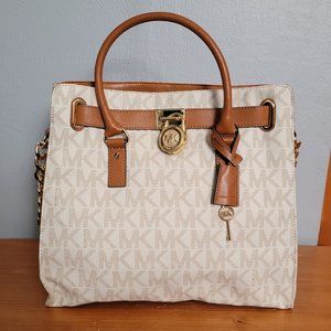 Michael Kors Nouveau Large Hamilton White and Brown Signature Satchel